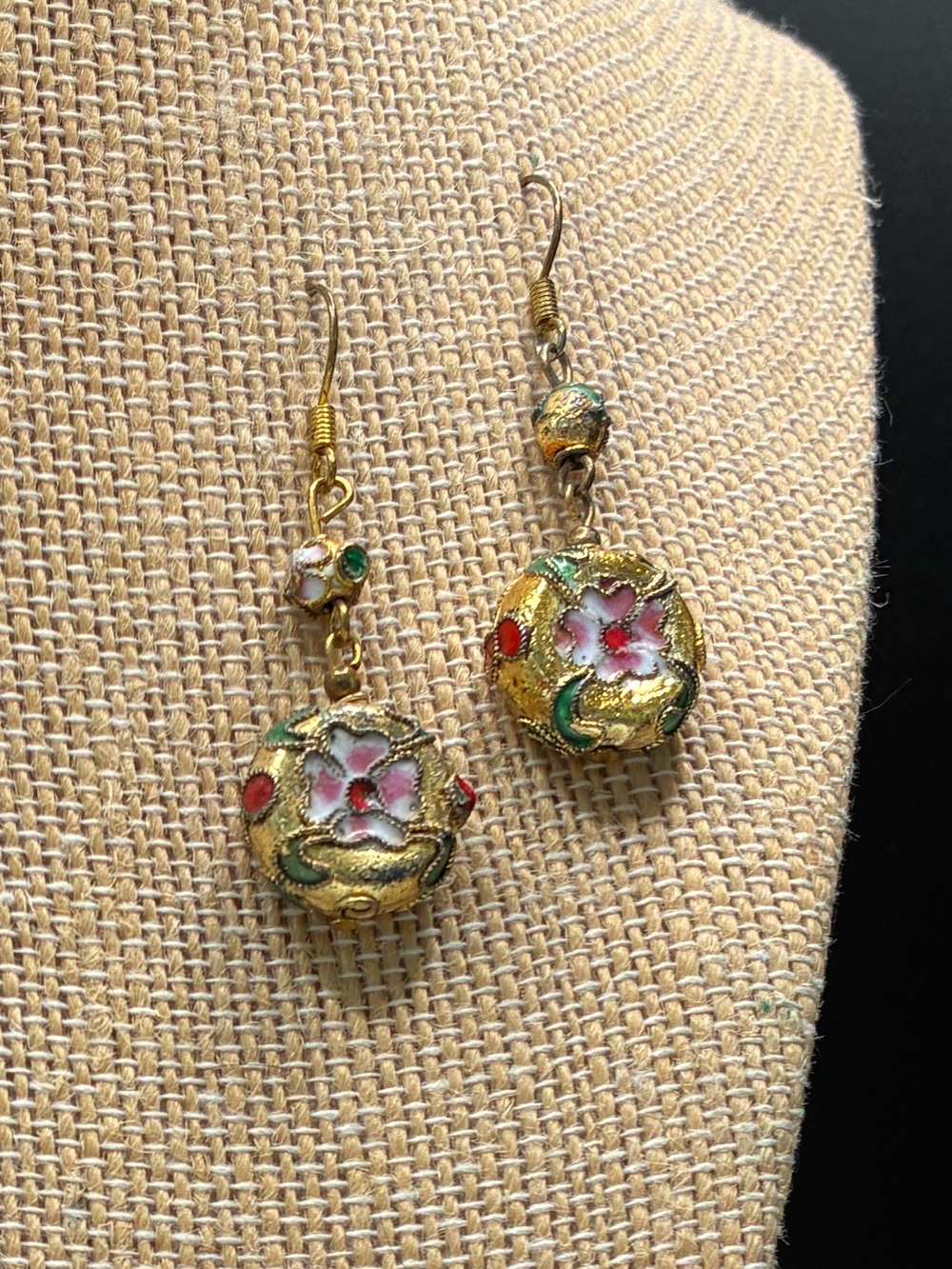 Vintage Gold Floral Cloisonné Drop Earrings - Pink & Green Accents